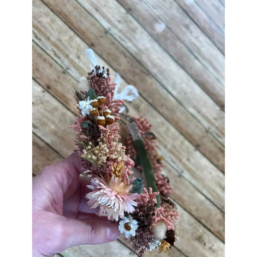 Coral/ Burgundy Floral Halo Crown Adjustable Tie Back Toddler Size NEW